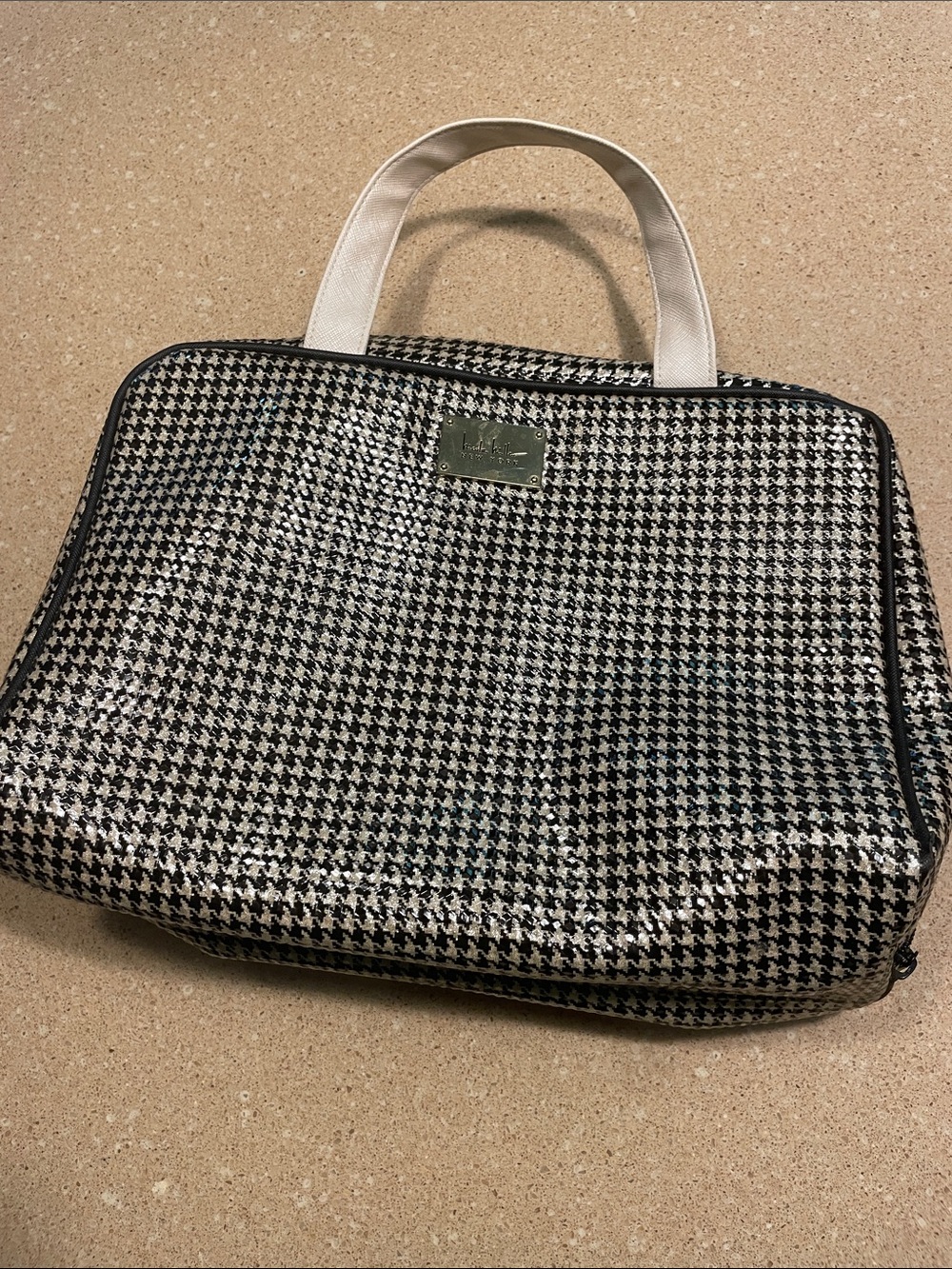 Nicole Miller Houndstooth Vinyl Cosmetics Tote with Cream Handles